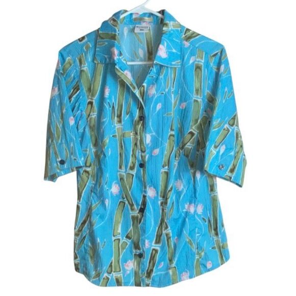 Columbia River Resort Bamboo Print Shirt Women’s M Crinkle Button-Up Blue Green - Picture 1 of 6
